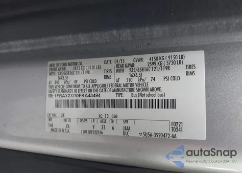 2015 Ford Transit-350 Xlt из США, поврежденный, VIN 1FBAX2XG0FKA43494